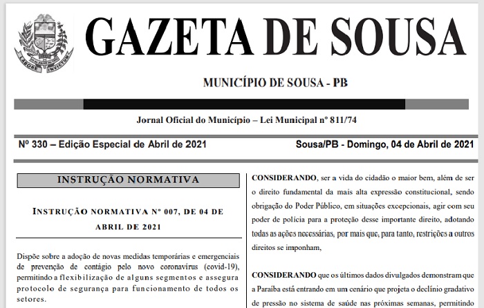 Imagem da matéria: Prefeitura de Sousa divulga nova Instrução Normativa com medidas de prevenção à Covid-19 