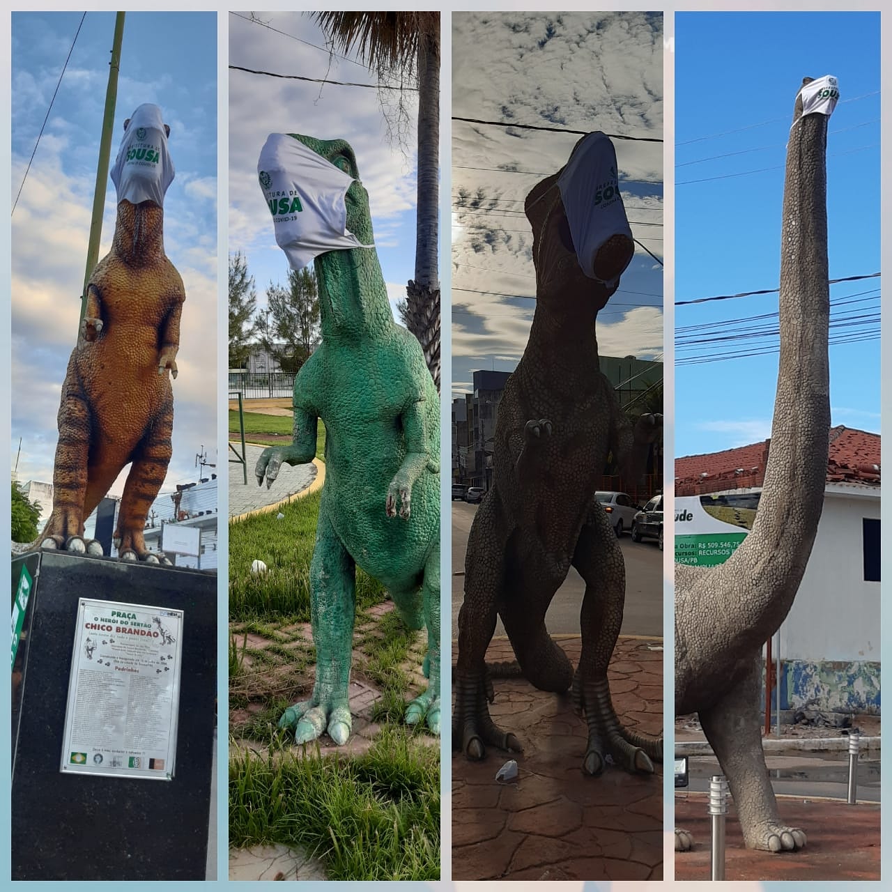 Prefeitura de Sousa veste máscaras de proteção nas réplicas de Dinossauros espalhadas pela cidade 