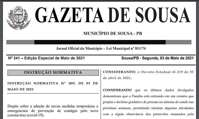 Prefeitura de Sousa divulga nova Instrução Normativa com medidas de prevenção à Covid-19