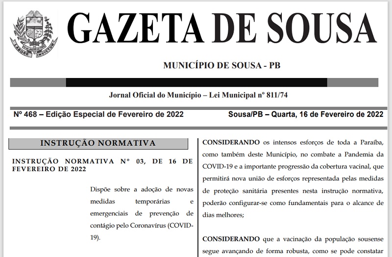 Prefeitura de Sousa publica nova Instrução Normativa com medidas de prevenção à Covid-19 