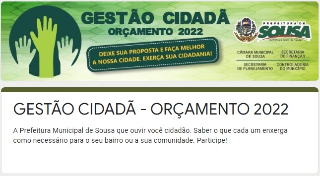 Prefeitura de Sousa inicia período de sugestões para o Orçamento Participativo - Orçamento 2022; preencha formulário 